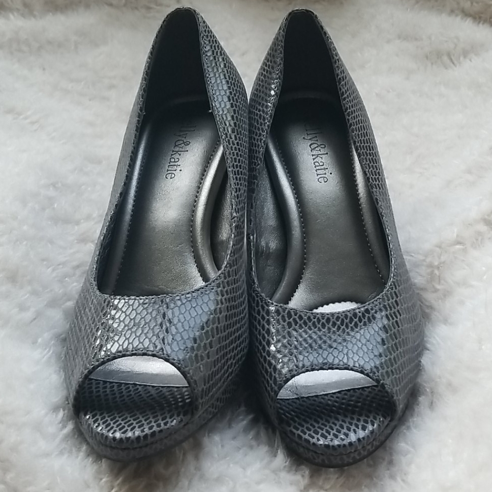 Gray snakeskin Kelly & Katie Peeptoe heels